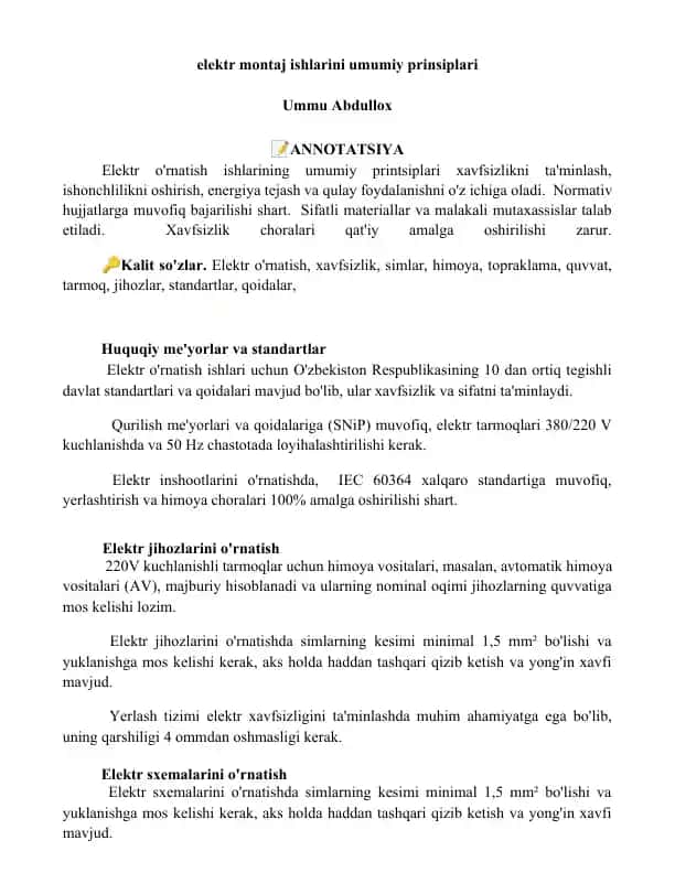 Elektr montaj ishlarini umumiy prinsiplari