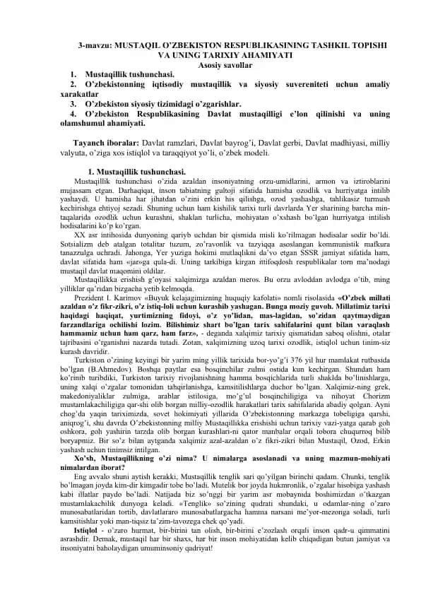 Mustaqil O'zbekiston Respublikasining Tashkil Topishi va Uning Tarixiy Ahmiyati