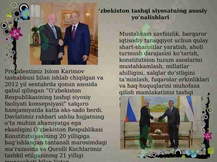 O‘zbekiston tashqi siyosatning asosiy yo’nalishlari