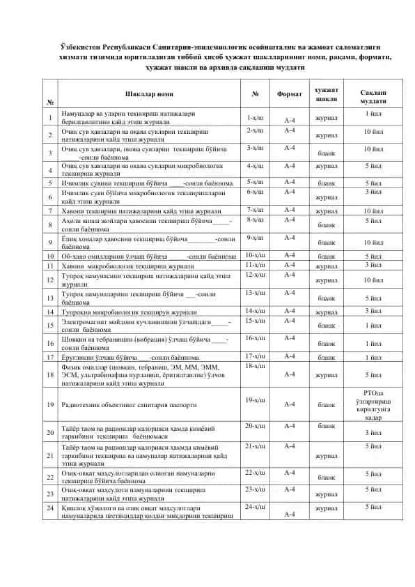 Uzbekiston Respublikasi Sanitariya-epidemiologik osoyishtalik va jamoat salomatligi xizmati tizimida yuritiladigan tibbiy hisob hujjat shakllari