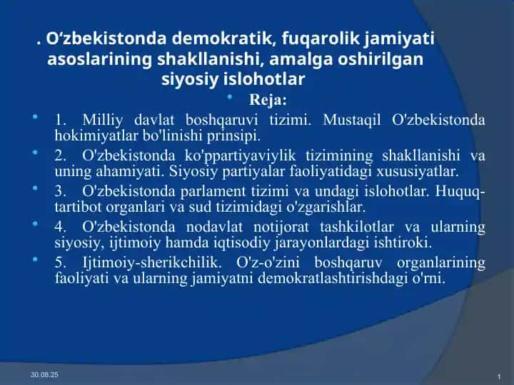 O'zbekistonda demokratik jamiyatning shakllanishi va siyosiy islohotlar