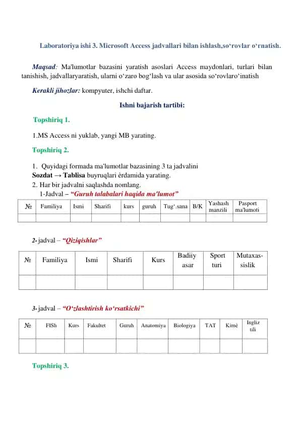 Laboratoriya ishi 3. Microsoft Access jadvallari bilan ishlash, soʻrovlar oʻrnatish