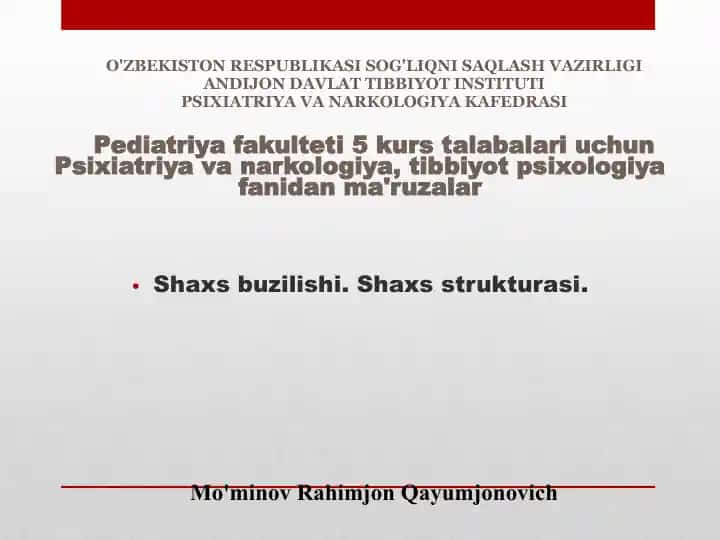 Pediatriya fakulteti 5-kurs talabalari uchun Psixiatriya va Narkologiya