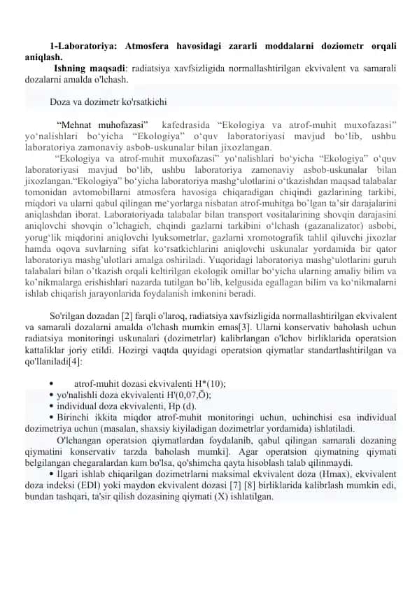 Laboratoriya: Atmosfera havosidagi zararli moddalarni doziometr orqali aniqlash