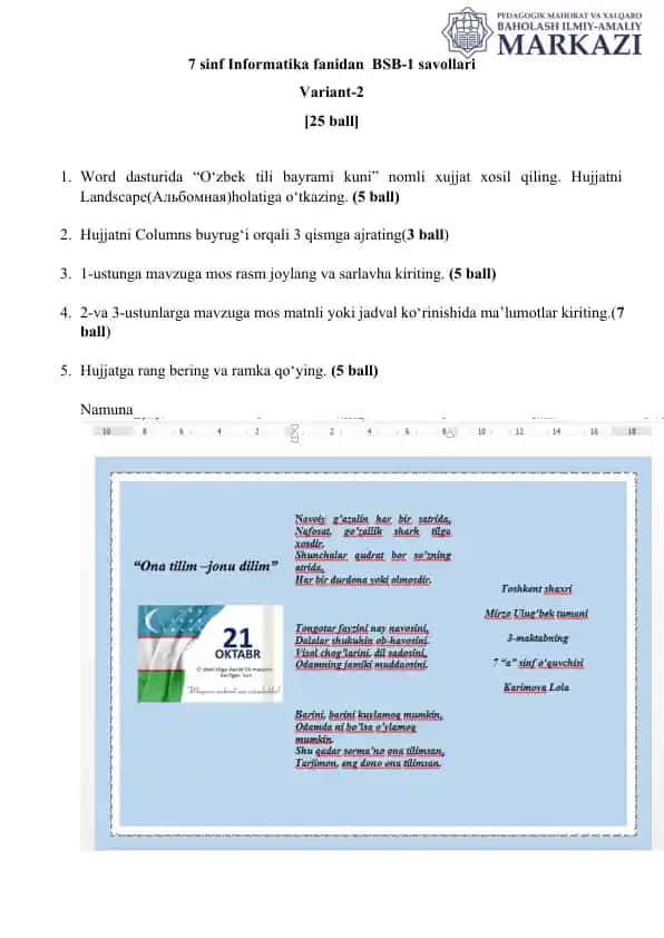 7 sinf Informatika fanidan BSB-1 savollari