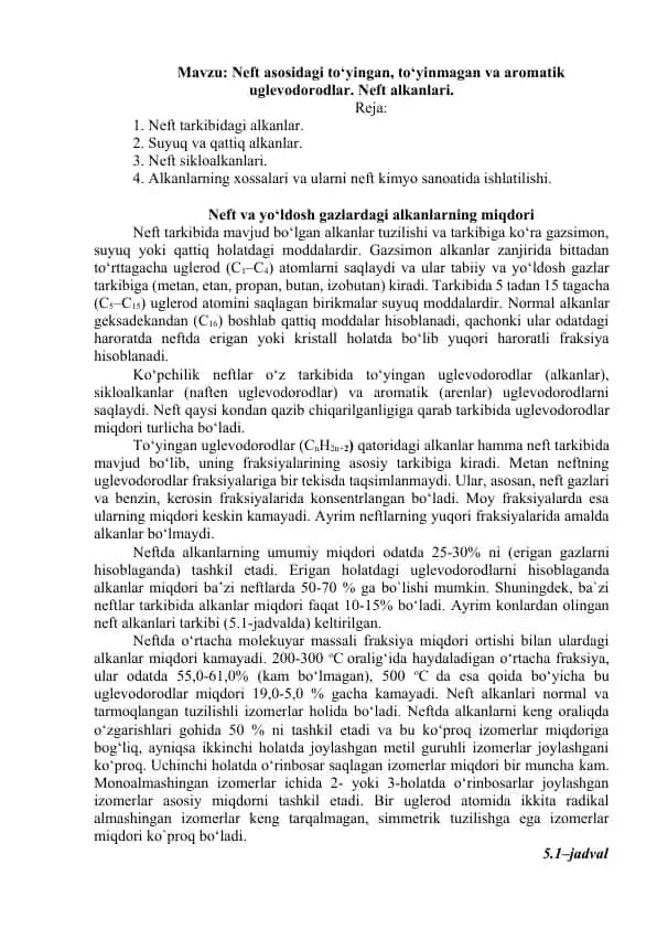 Neft asosidagi to‘yingan, to‘yinmagan va aromatik uglevodorodlar
