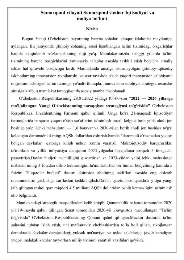 Ilmiy amaliyot hisobot: “Samarqand viloyati Samarqand shahar Iqtisodiyot va moliya bo‘limi”