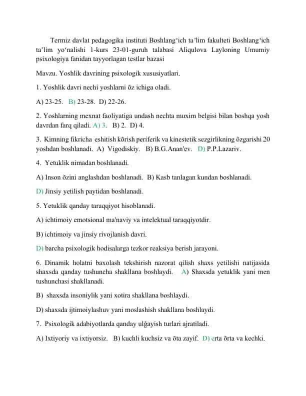 Umumiy psixologiya fanidan testlar bazasi