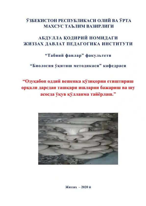 Ozuqabop oddiy veshenka qo'ziqorin etishtirish orqali darsdan tashqari ishlar bajarish va shu asosda o'quv qollanma tayyorlash
