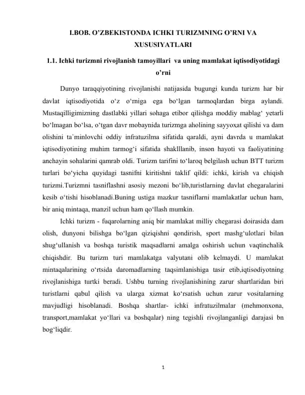 Ichki turizm va uning mamlakat iqtisodiyotdagi o’rni