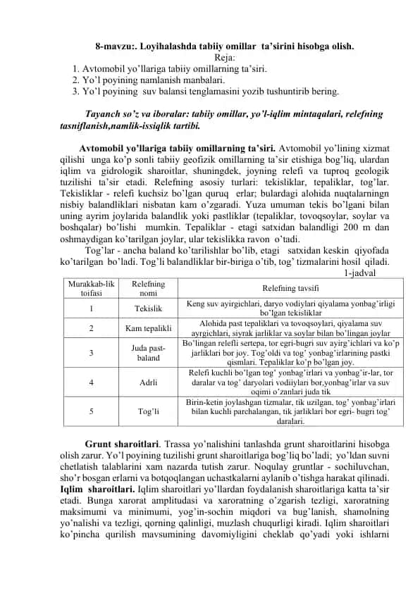 Avtomobil yo’llariga tabiiy omillarning ta’siri