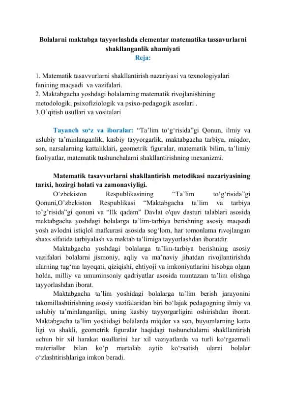 Matematik Tasavvurlarni Shakllantirish Metodikasi