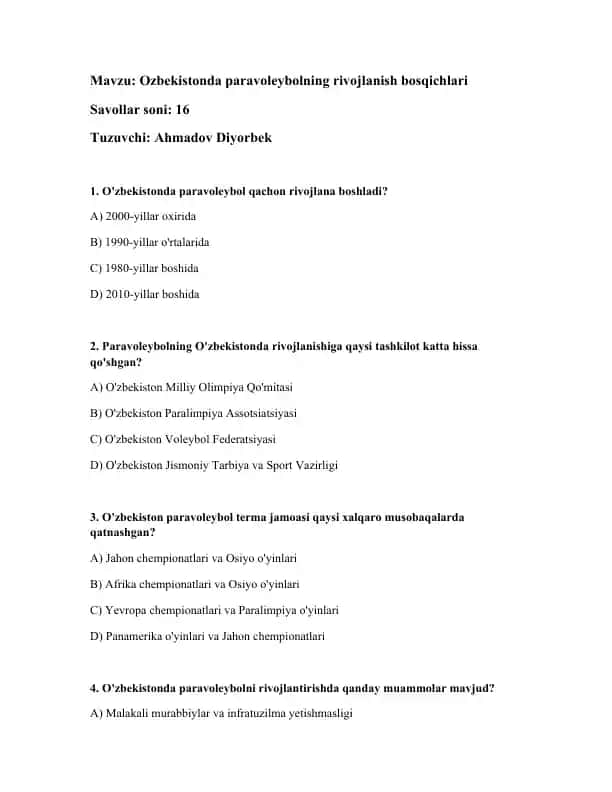 O'zbekistonda paravoleybolning rivojlanish bosqichlari