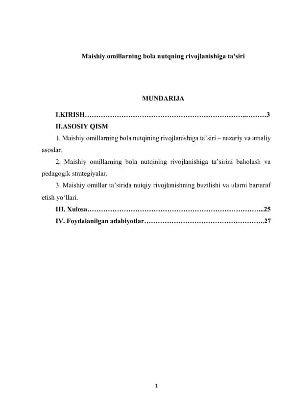 Maishiy omillarning bola nutqining rivojlanishiga ta'siri