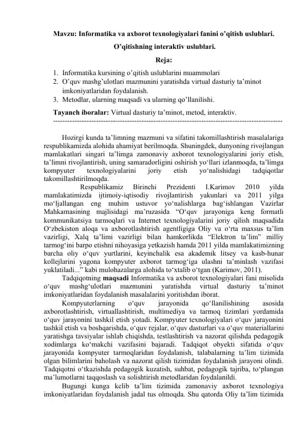 Informatika va axborot texnologiyalari fanini o’qitish uslublari