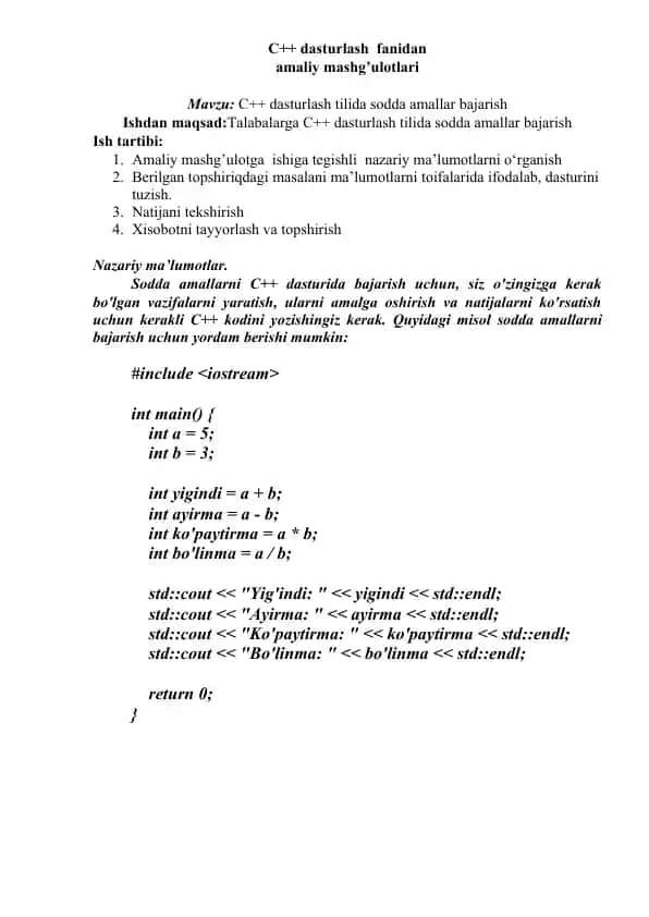 C++ dasturlash fanidan amaliy mashg’ulotlari