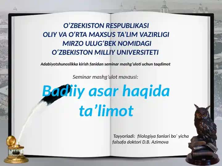 Adabiyotshunoslikka kirishfanidan seminar mashg'ulotiuchun taqdimot