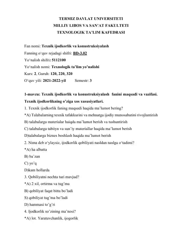 Texnik ijodkorlik va konustruksiyalash fanini maqsadi va vazifasi