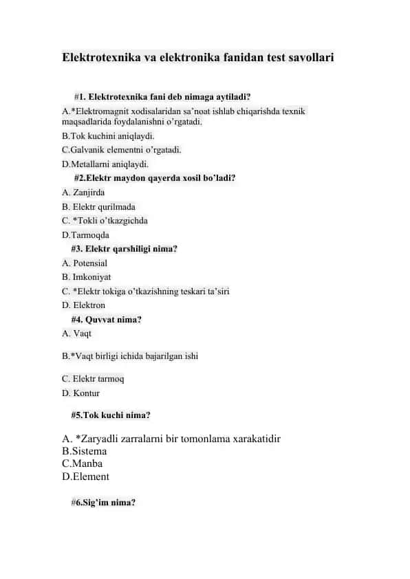 Elektrotexnika va elektronika fanidan test savollari