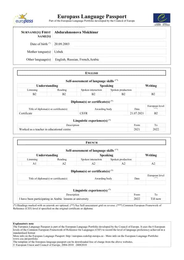 Europass Language Passport