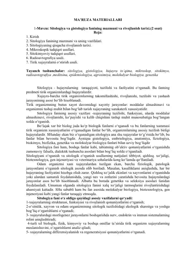 Sitologiya va Gistologiya fanining mazmuni va rivojlanish tarixi
