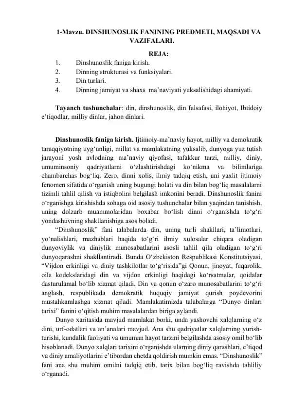 DINSHUNOSLIK FANINING PREDMETI, MAQSADI VA VAZIFALARI