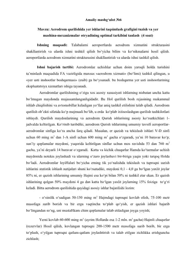 Aerodrom qurilishida yer ishlarini taqsimlash grafigi va yer mashinamexanizmalar otryadining optimal tarkibi