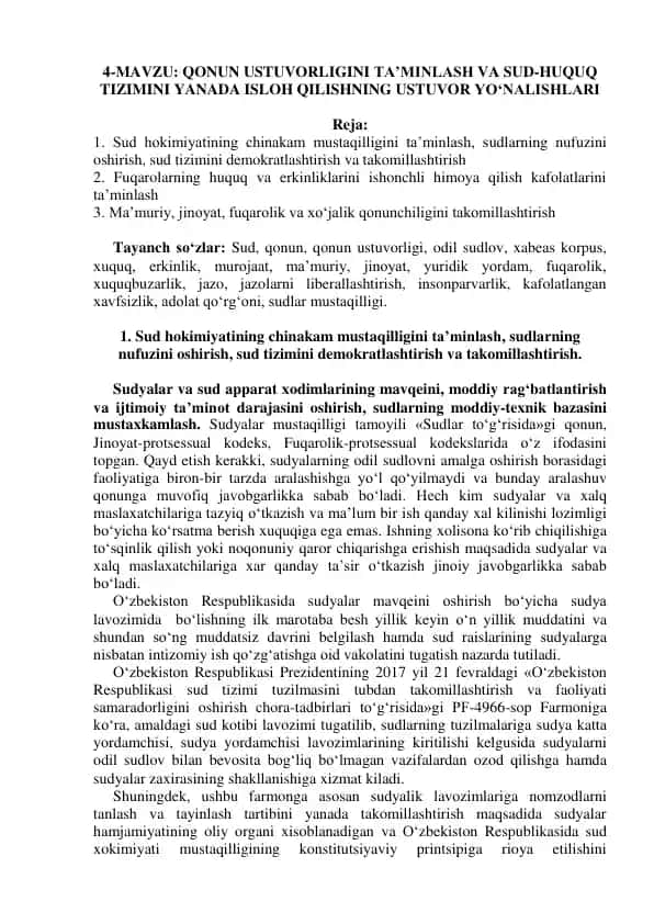 Qonun ustuvorligini ta’minlash va sud-huquq tizimini isloh qilish