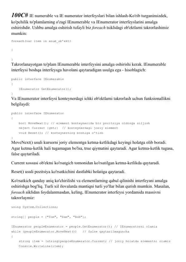 IEnumerable va IEnumerator interfeyslari bilan ishlash haqida taqdimot