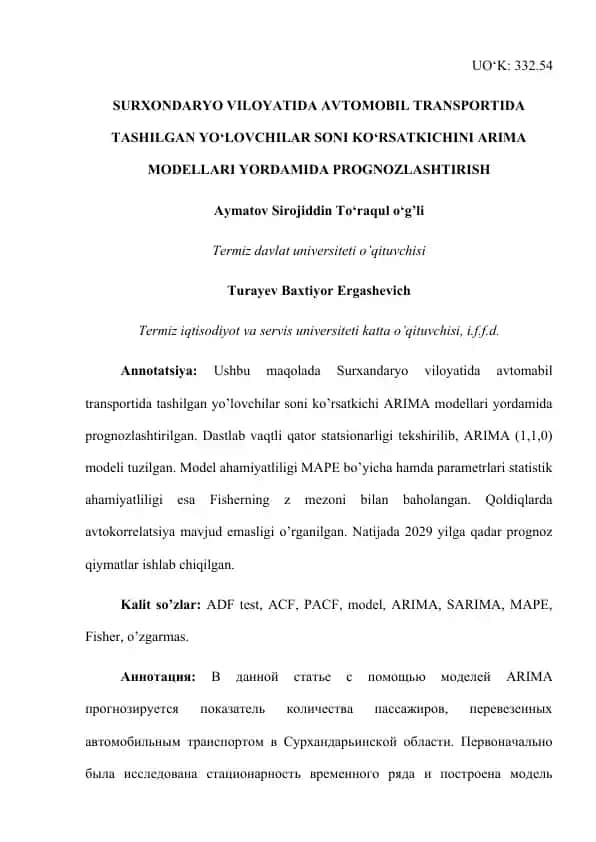 Avtomobil transportida tashilgan yo‘lovchilar soni prognzlash