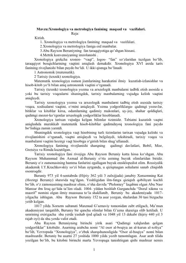 Xronologiya va Metrologiya fanining Maqsad va Vazifalari