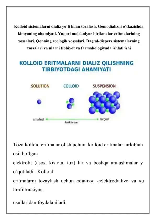Kolloid sistemalarni dializ yo’li bilan tozalash