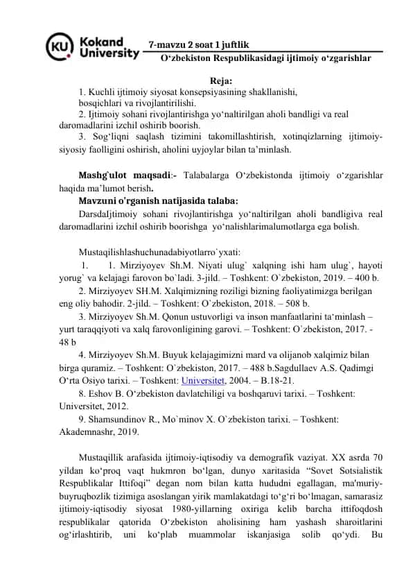 O‘zbekiston Respublikasidagi ijtimoiy o‘zgarishlar