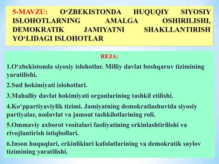 O‘zbekistonda Huquqiy Siyosiy Islohotlarning Amalga Oshirilishi