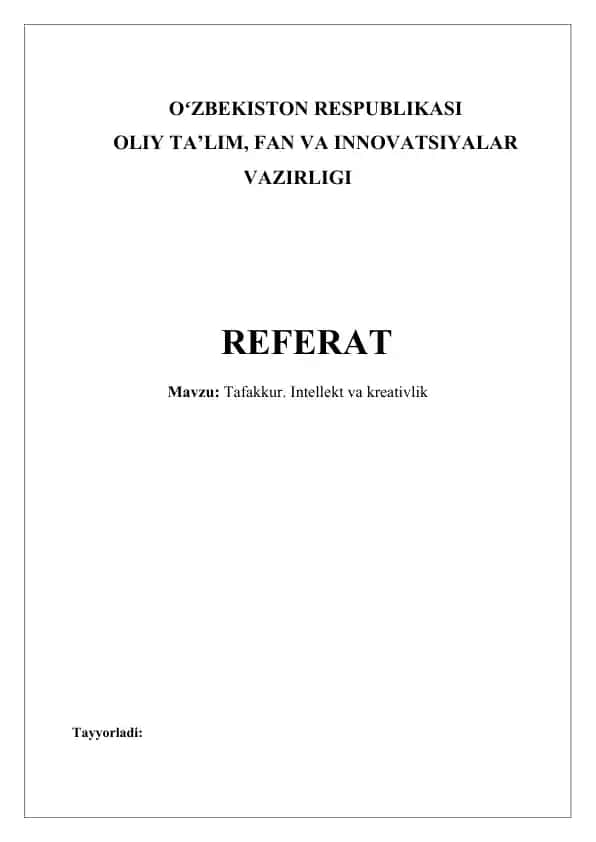 Tafakkur, Intellekt va Kreativlik Referat