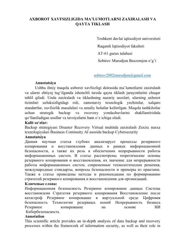 Ilmiy Maqola "Axborot Xavfsizligida Ma'lumotlarni Zaxiralash va Qayta Tiklash"