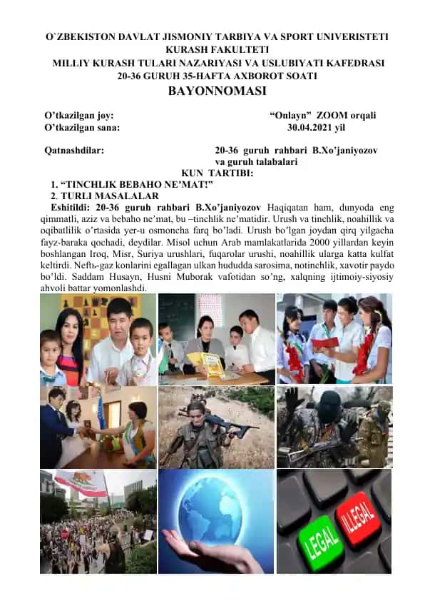 "O`zbekiston Davlat Jismoniy Tarbiya va Sport Universiteti Kurash Fakulteti Bayonnoma"