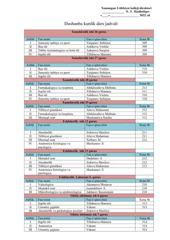 Dushanba kunlik dars jadvali – Namangan 2-tibbiyot kolleji
