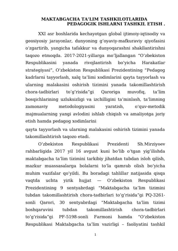 Maktabgacha Ta’lim Tashkilotlarida Pedagogik Ishlarni Tashkil Etish