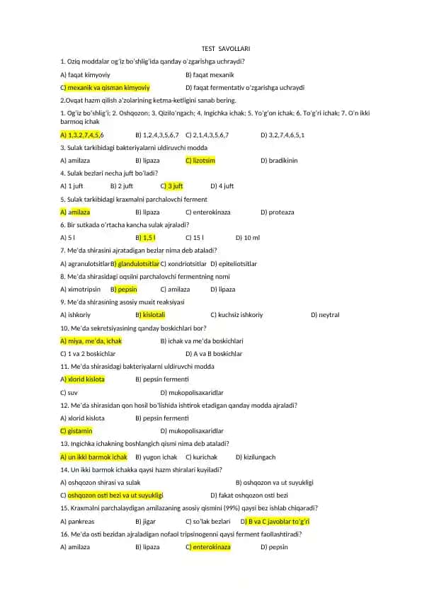Test savollari - Ovqat hazm qilish tizimi