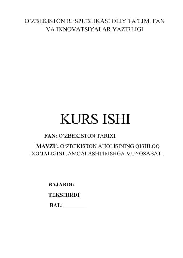 O'ZBEKISTON AHOLISINING QISHLOQ XO'JALIGINI JAMOALASHTIRISHGA MUNOSABATI