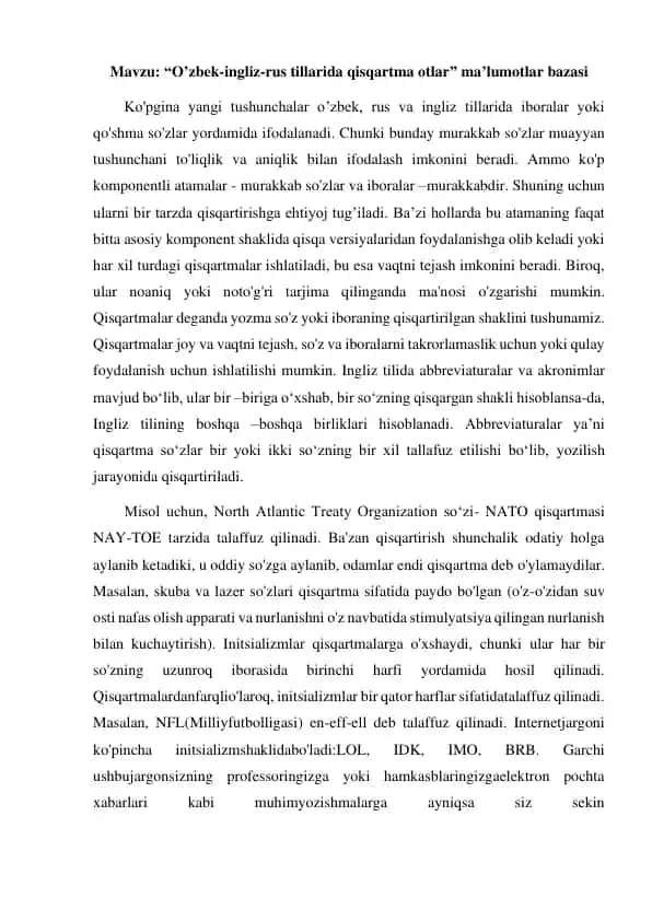 O’zbek-ingliz-rus tillarida qisqartma otlar ma’lumotlar bazasi