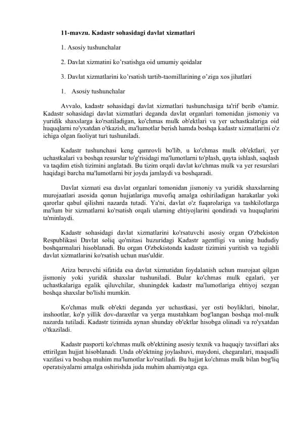 Kadastr sohasidagi davlat xizmatlari