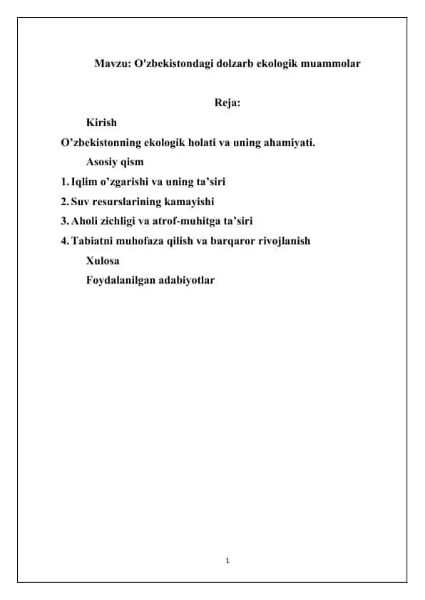O'zbekistondagi dolzarb ekologik muammolar