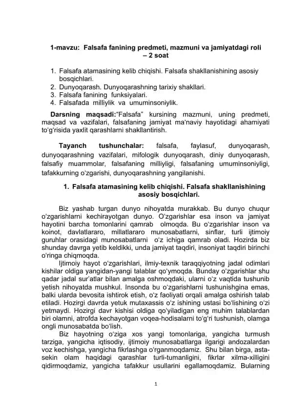 Falsafa fanining predmeti, mazmuni va jamiyatdagi roli