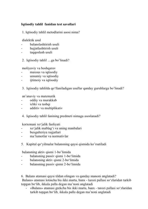Iqtisodiy tahlil fanidan test savollari