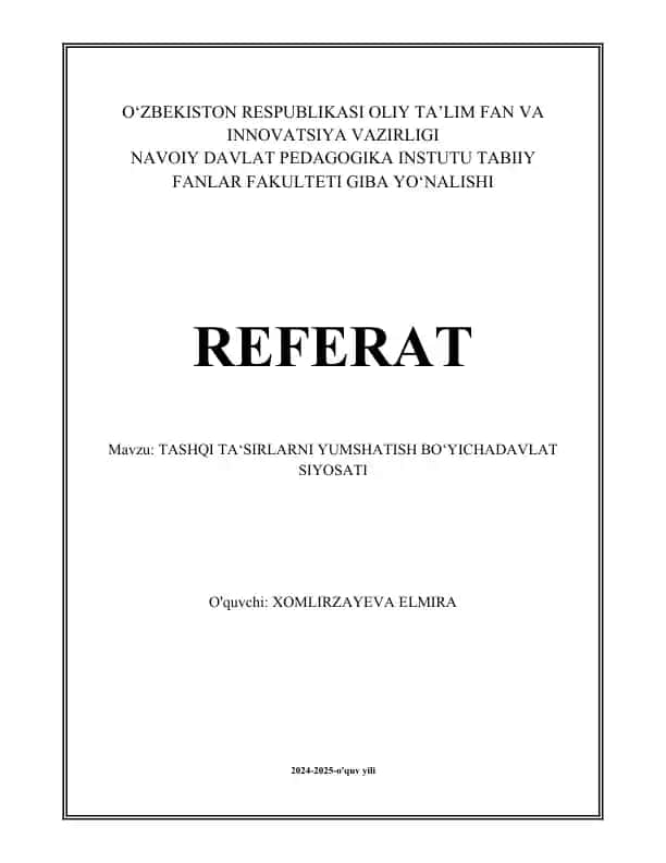 Tashqi ta'sirlarni yumshatish bo'yicha davlat siyosati referati