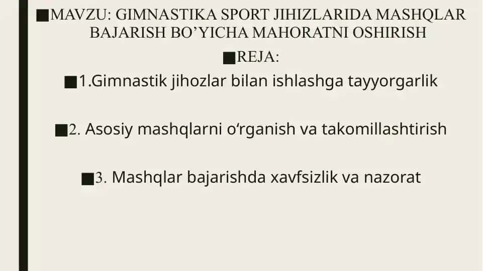 GIMNASTIKA SPORT JIHIZLARIDA MASHQLAR BAJARISH BO’YICHA MAHORATNI OSHIRISH
