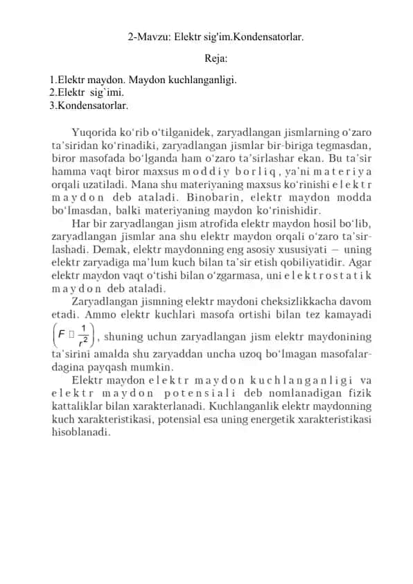 Elektr sig'im va Kondensatorlar