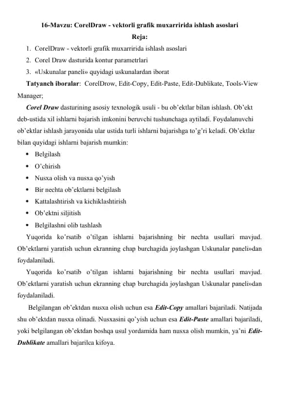 CorelDraw - vektorli grafik muxarririda ishlash asoslari